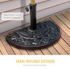 Half-round umbrella base with floral ornamentation on wooden deck for umbrella stability