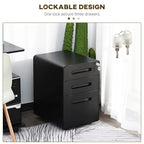 Black vertical file cabinet with three lockable drawers and metal key lock
