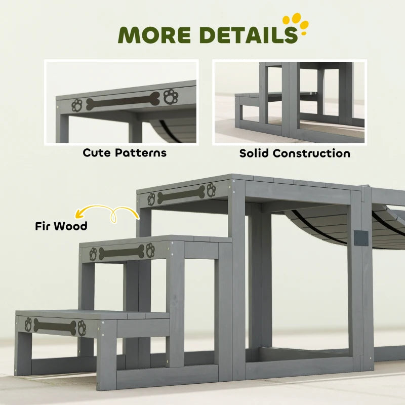 Grey wooden agility equipment with paw pattern side braces and solid frame
