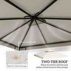 Cream white gazebo canopy underside with metal support ribs and central crossbar.