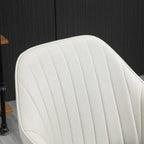 Beige upholstered task chair back close-up with vertical stitch pattern and padded frame