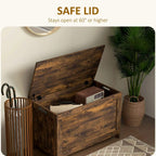 Rustic wooden storage chest with open lid and safety hinges, cut-out side handles