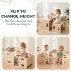 Height-adjustable natural wood toddler table and chair set with flip design