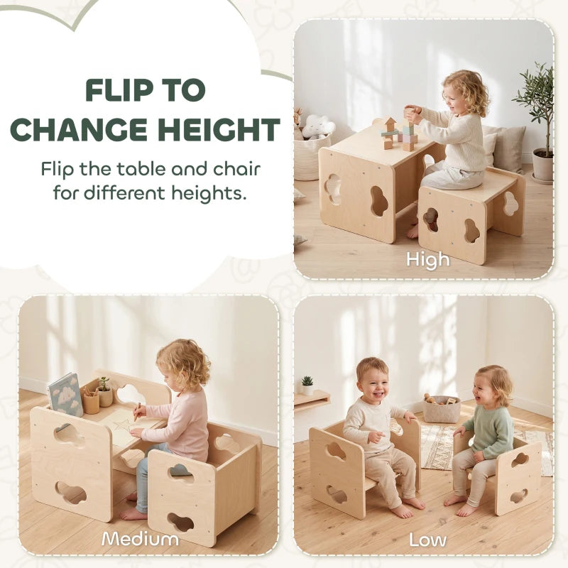 Height-adjustable natural wood toddler table and chair set with flip design