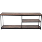 Rustic brown TV stand with two open shelves and black metal frame, rectangular tabletop