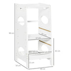 White adjustable step stool tower with safety rail and numbered size diagram