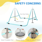 Kids gymnastic bar with light blue steel frame, non-slip pads, and rounded base supports