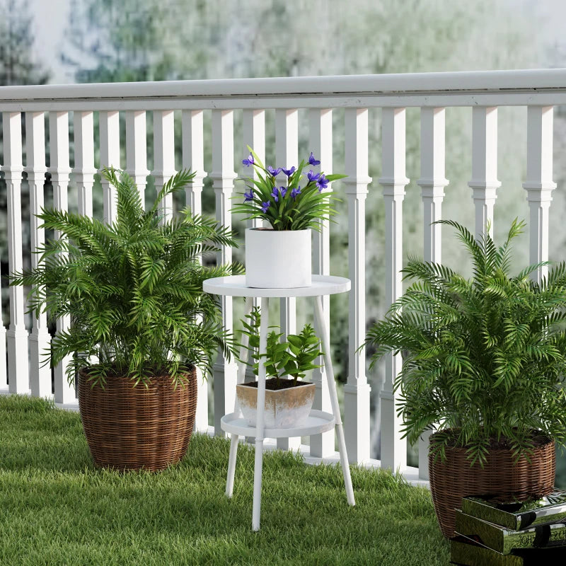 White two-tier round metal garden table with lower shelf