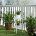 White two-tier round metal garden table with lower shelf