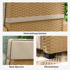 Rattan armchair back slipcover with hook-and-loop fasteners and elevated base