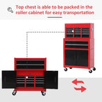 Red metal tool chest and roller cabinet base shown separately for transport