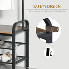 Anti-tip strap attachment on metal coat rack leg with adjustable non-slip foot pad