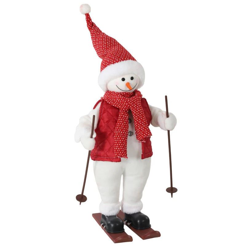 Standing animated Santa ski figure with red scarf, tall red hat, skis and poles