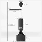 Freestanding boxing speed bag stand diagram with rotating arm, speed ball, and black base