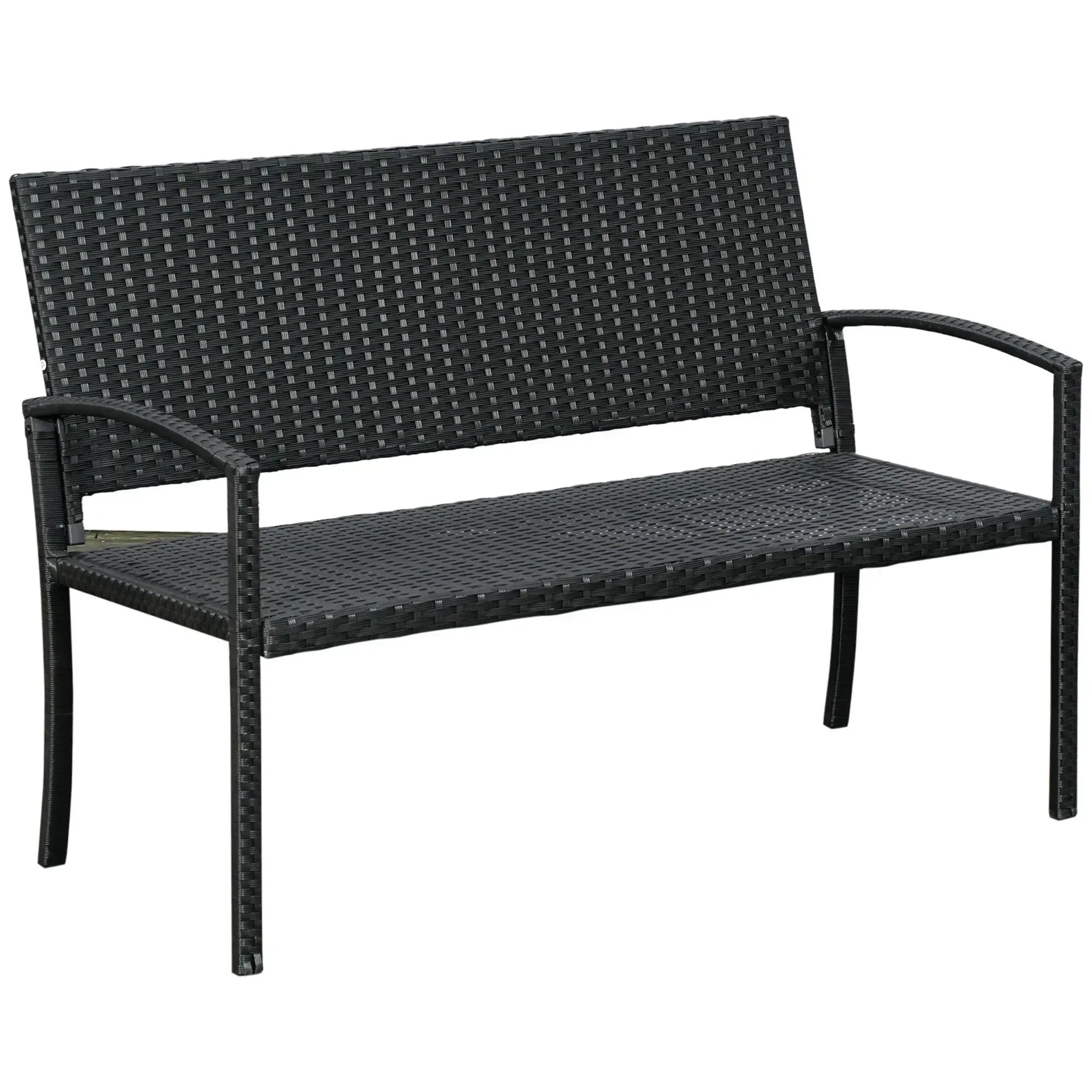 2 Seater Poly Rattan Garden Bench, All Weather Wicker Garden Loveseat, Outdoor Seating Bench with 240 Load Capacity, Backrest and Armrests for Patio, Terrace, Balcony, Black - Bobobiy