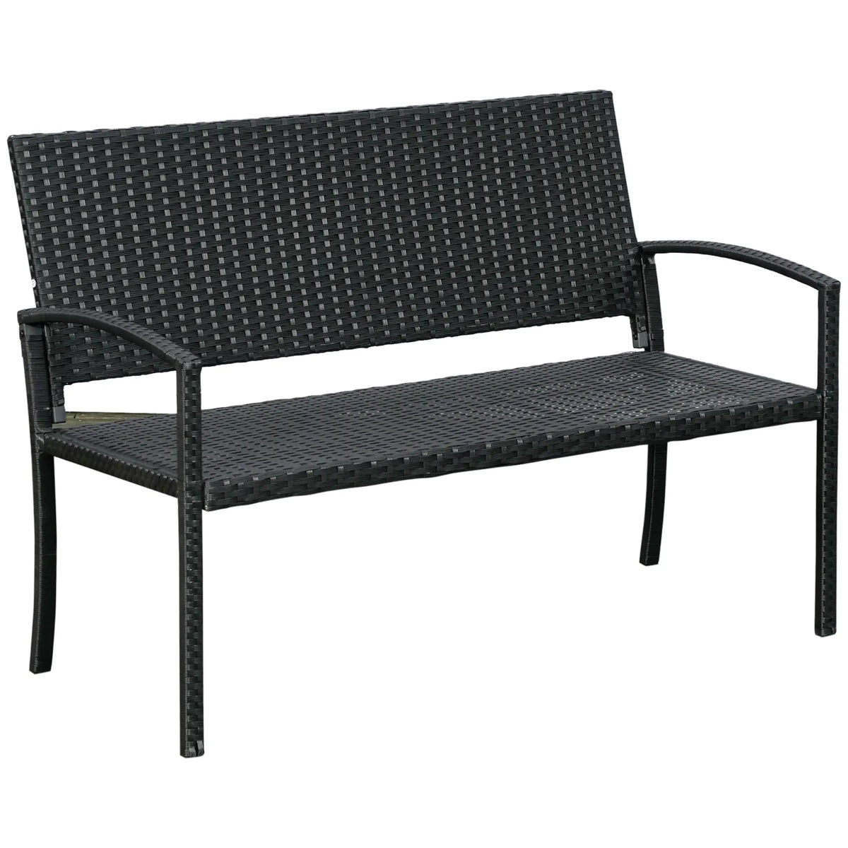 Black two-seat poly rattan garden bench with woven back, seat, and armrests