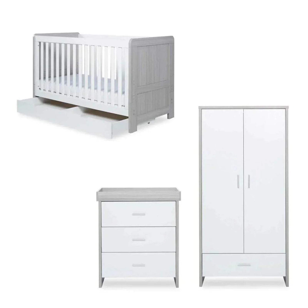 Ash grey and white cot bed with drawer chest and wardrobe cabinet