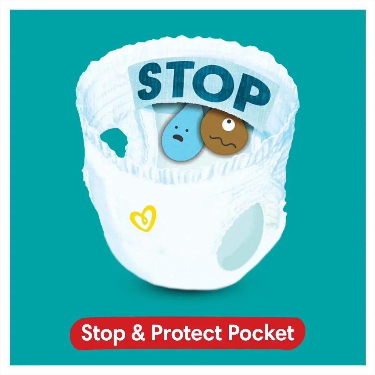 Baby-Dry pants diaper with stop-and-protect pocket area