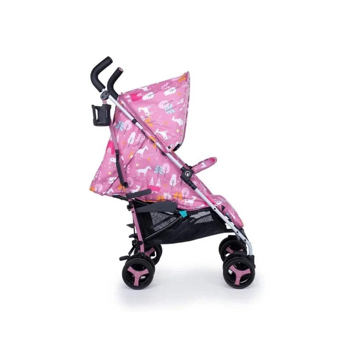 Pink unicorn print stroller side profile with extended canopy and pink-accent wheels