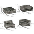 Grey woven rattan sofa and ottoman set with labeled dimensions