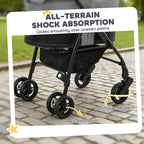 Grey pet stroller with large wheels, mesh sides, and sturdy folding frame