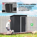 Black metal garden storage shed with sliding door closed and compact side profile.
