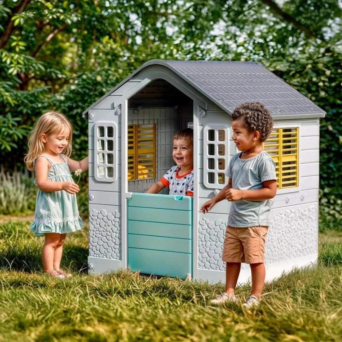 White and blue kids playhouse with open front panel as children play outside