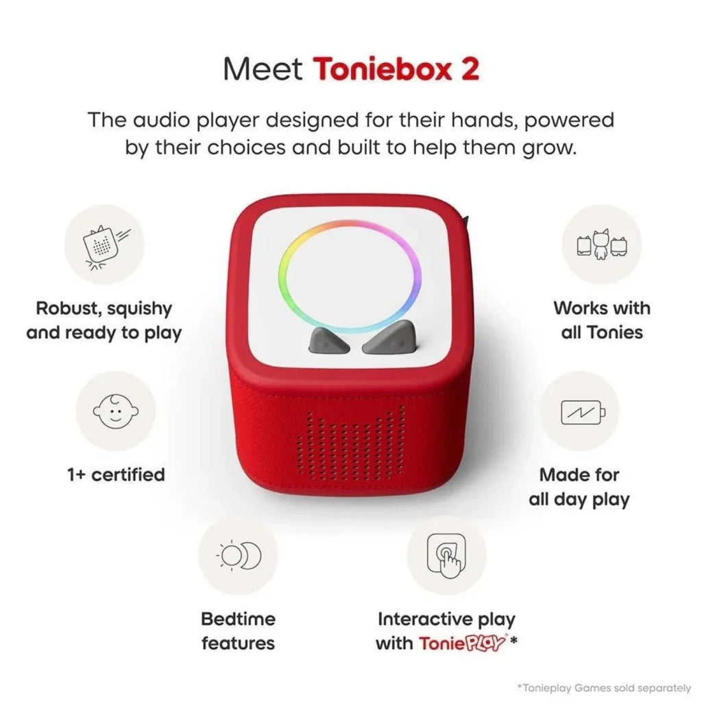Red Toniebox 2 audio player with rainbow ring control on top