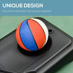Basketball hoop base with integrated ball holder tray on dark stand
