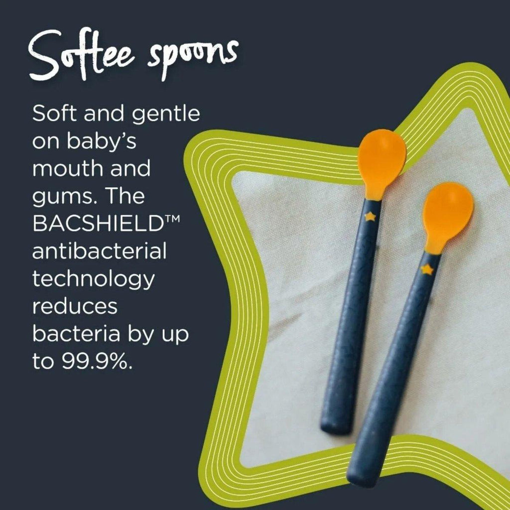 Pair of soft weaning spoons with blue handles and orange scoop tips