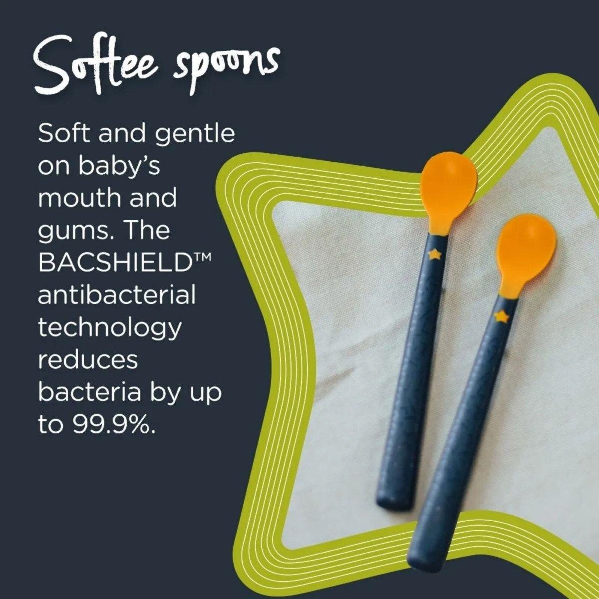 Pair of soft weaning spoons with blue handles and orange scoop tips