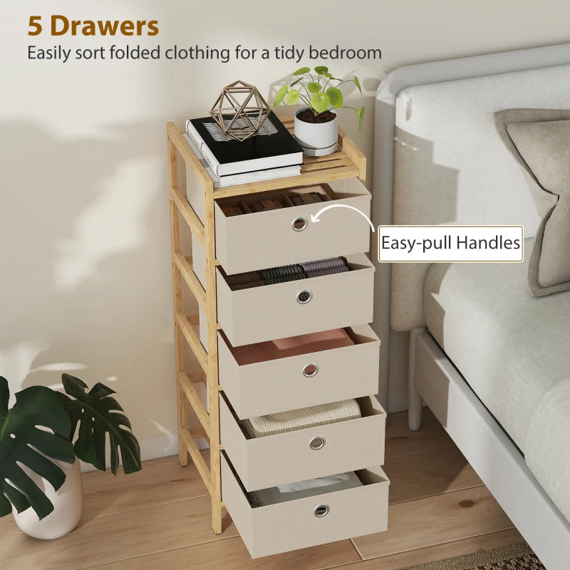 Bamboo-frame chest of drawers with stacked cream fabric drawers, open top drawer, round handles