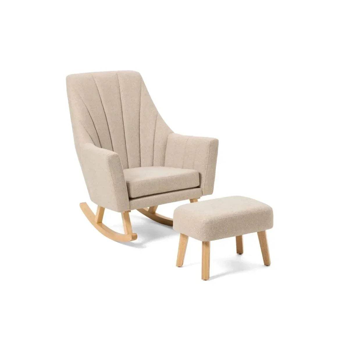 Stone upholstered rocking chair and foot stool set with curved wooden rockers.