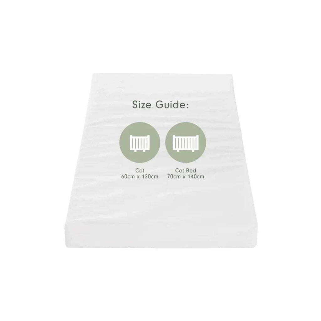 Cot mattress size guide showing 60x120 cm and cot bed sizes