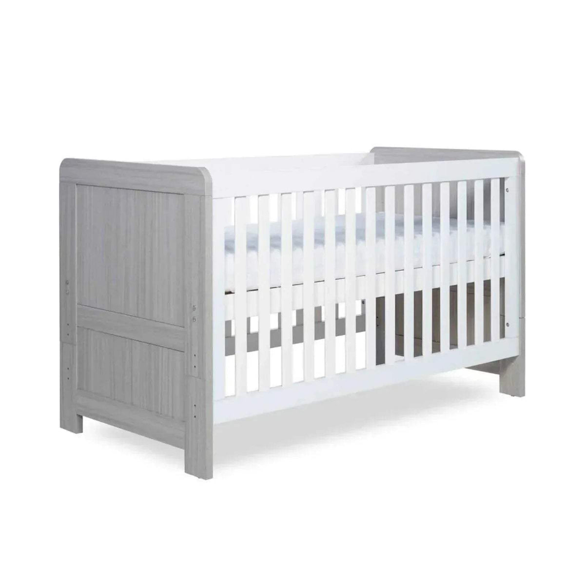 Ash grey cot bed with white vertical slats and flat top rail