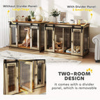 Oak-tone dog crate furniture with removable divider panel and two sliding doors.