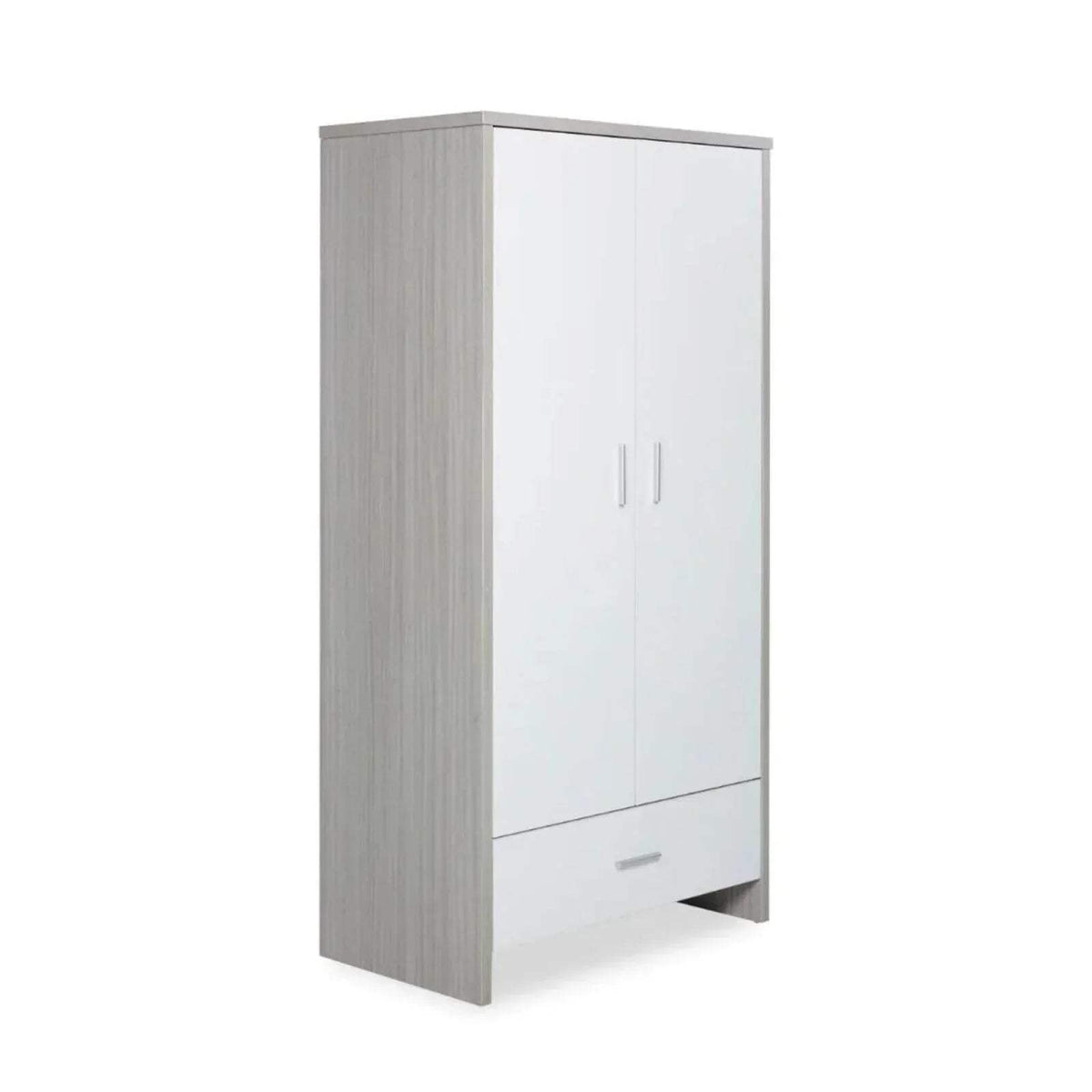 Ash grey and white wardrobe with two doors and single drawer base, full-height cabinet