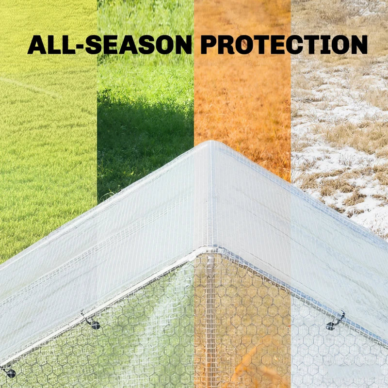White mesh tarpaulin forming a cornered cover with grommets, rain-ready