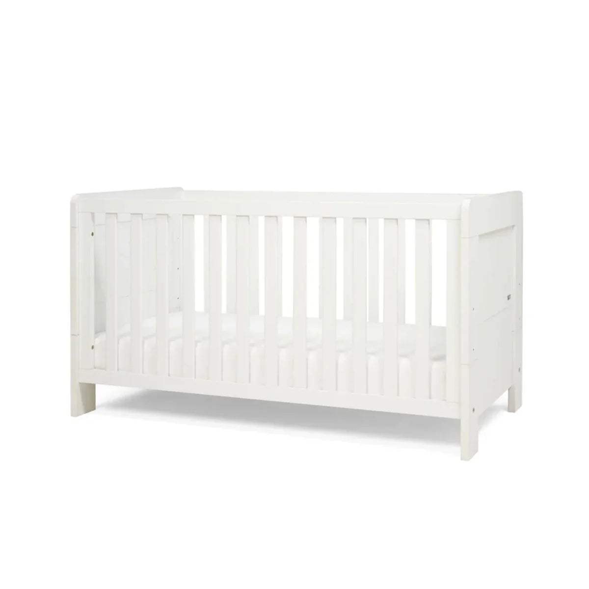 White cot bed end panel with vertical safety rails