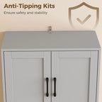 Grey pantry cabinet with anti-tipping mounting bracket on the back panel