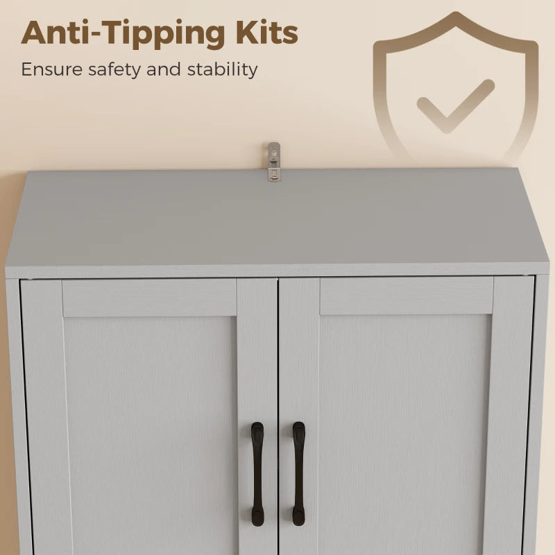 Grey pantry cabinet with anti-tipping mounting bracket on the back panel