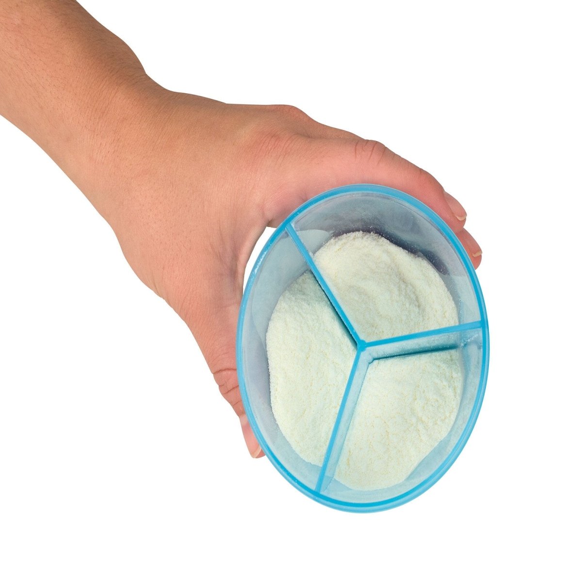 Blue milk powder dispenser held with powder visible in the interior grid