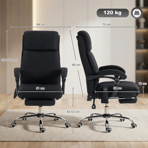 Black high-back office chair with adjustable seat height and footrest
