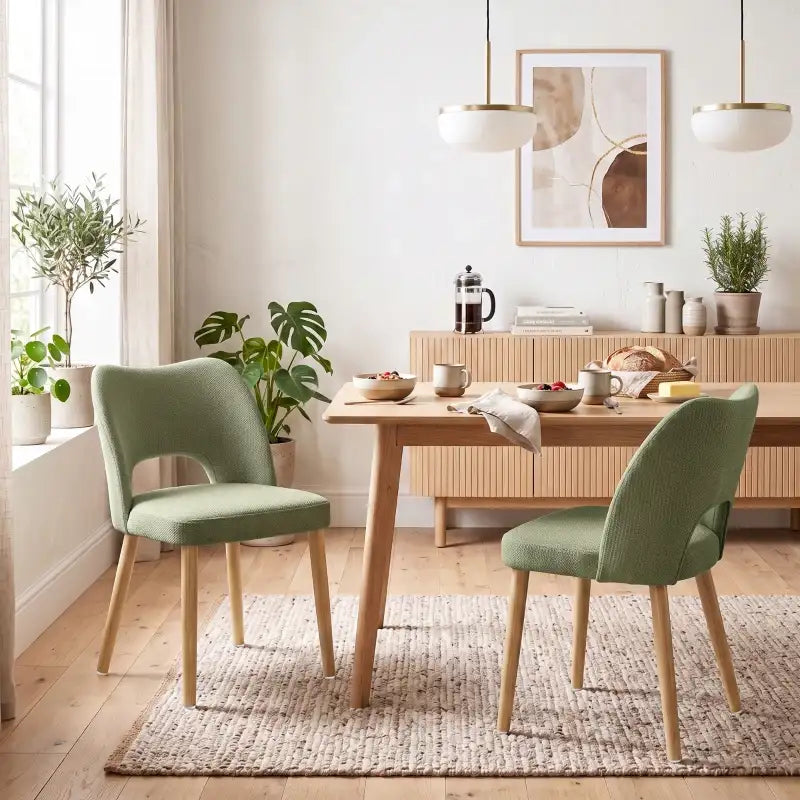 Green upholstered dining chairs with curved backs and tapered light wood legs, set of 2