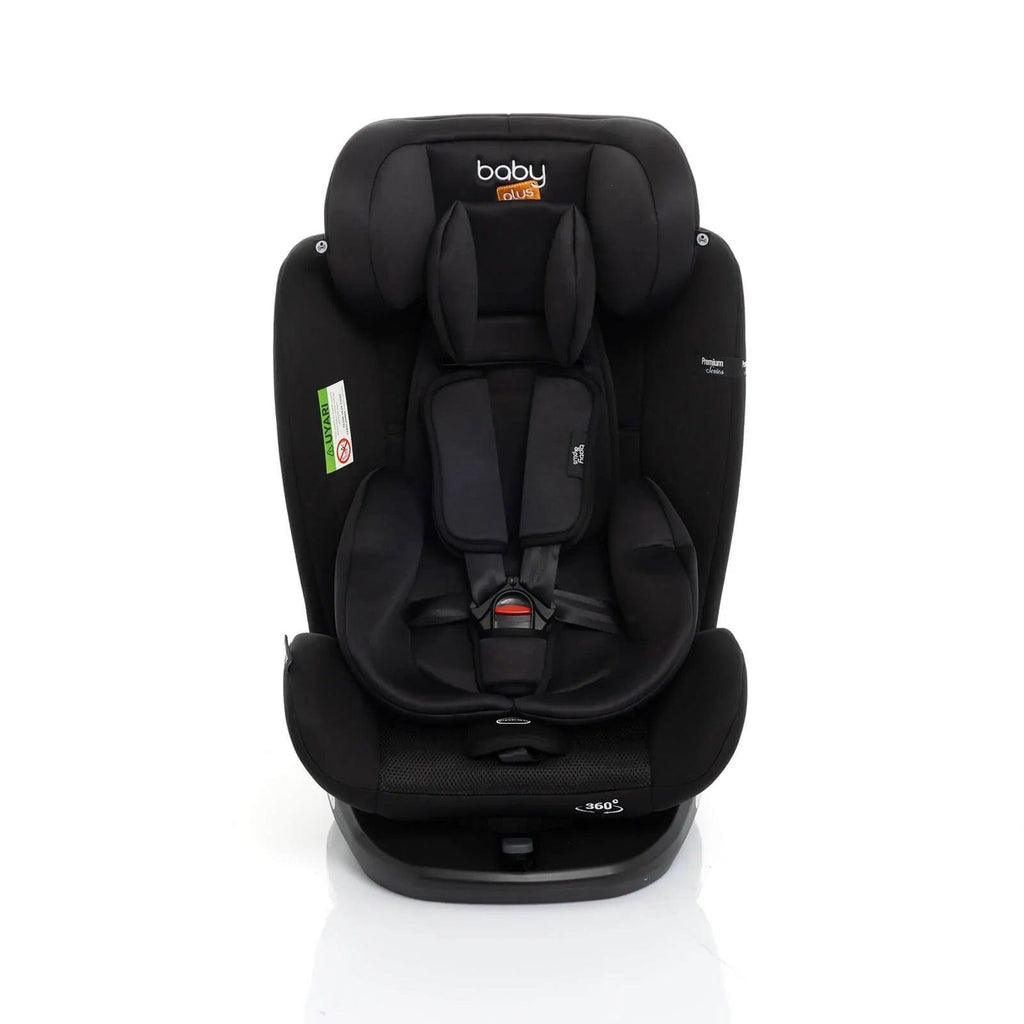 Black car seat front view showing recline support and padded harness straps