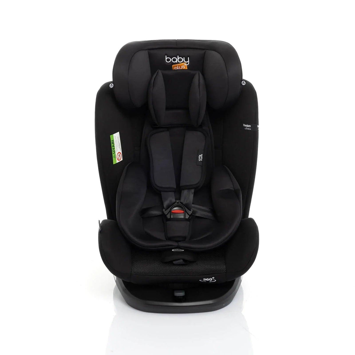Black car seat front view showing recline support and padded harness straps