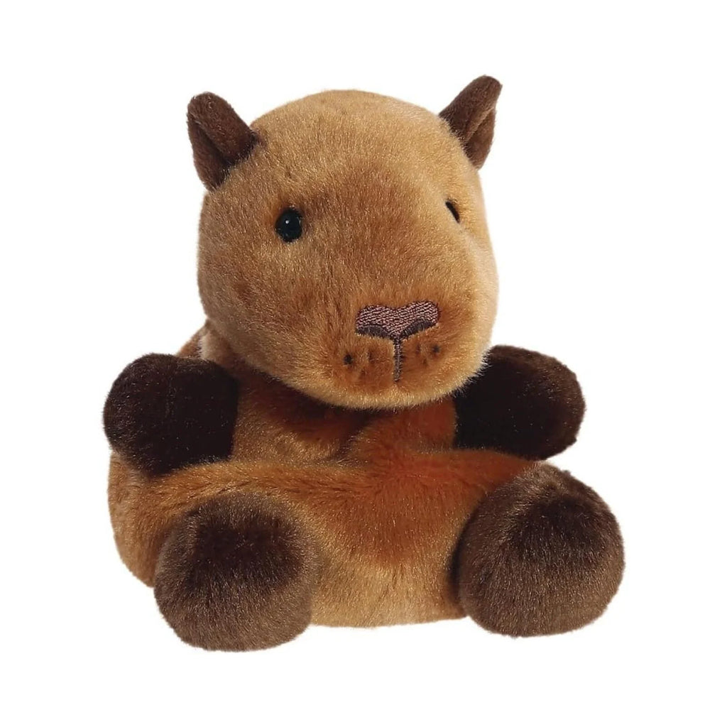Capybara plush toy side angle with tan fur, dark ears, stitched nose and mouth, 12 cm