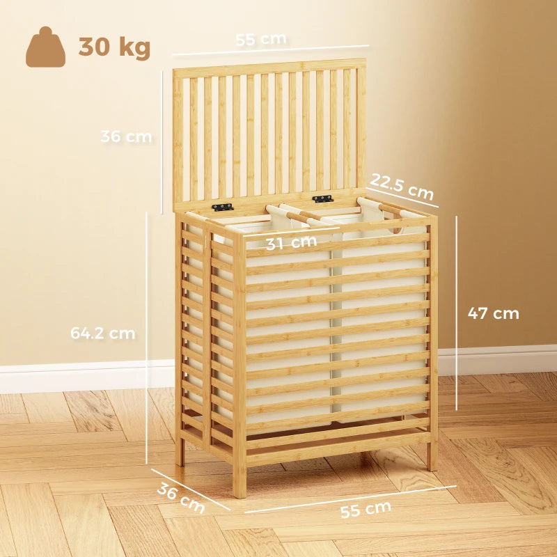 Foldable bamboo laundry hamper with open lid and dual-compartment interior