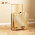 Foldable bamboo laundry hamper with open lid and dual-compartment interior