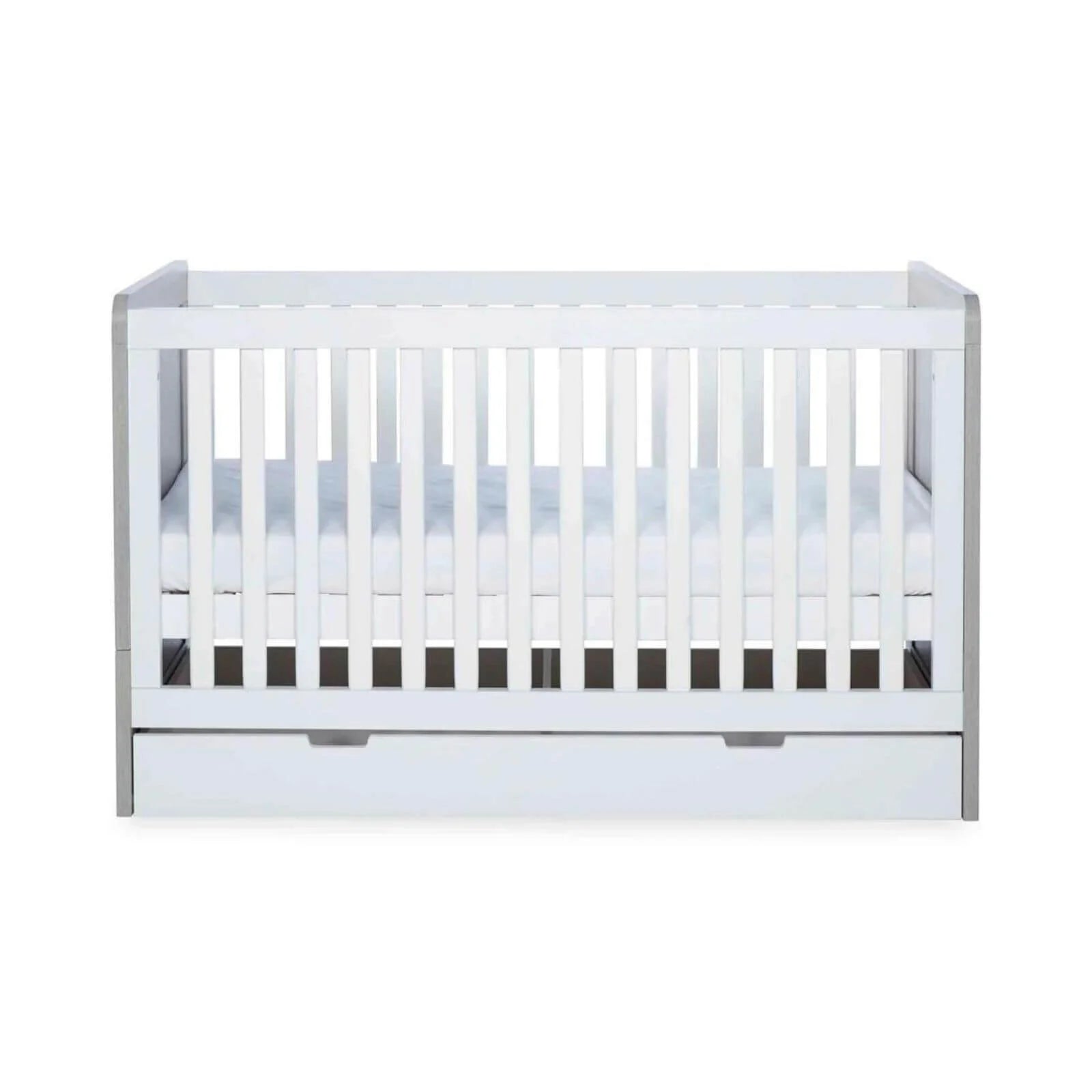 Grey-and-white baby cot rear view with vertical safety bars